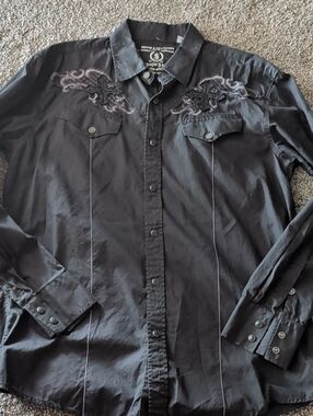 Indigo Star Men’s Black Embroidered Western Snap-Down Shirt